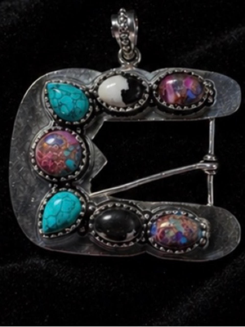 Silver Plated Southwestern Multi-Stone Buckle Pendant Statement Piece